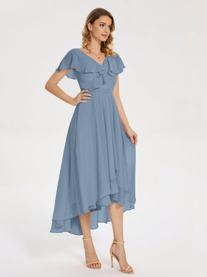 Gabriela Short Sleeves High Low Bridesmaid Dress with Pockets