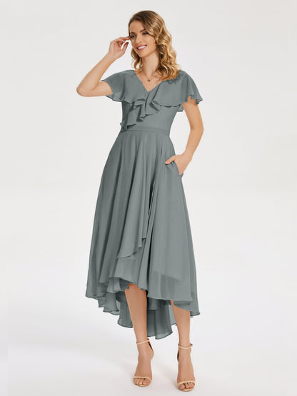 Gabriela Short Sleeves High Low Bridesmaid Dress with Pockets