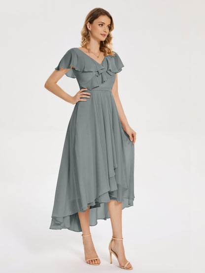 Gabriela Short Sleeves High Low Bridesmaid Dress with Pockets