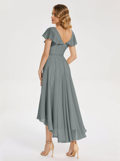 Gabriela Short Sleeves High Low Bridesmaid Dress with Pockets