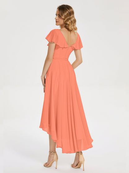 Gabriela Short Sleeves High Low Bridesmaid Dress with Pockets