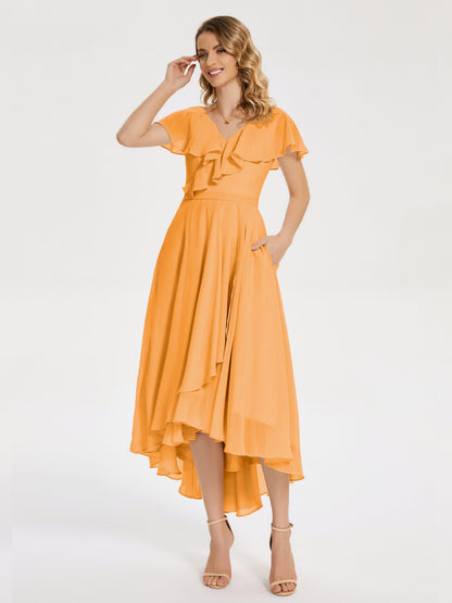 Gabriela Short Sleeves High Low Bridesmaid Dress with Pockets