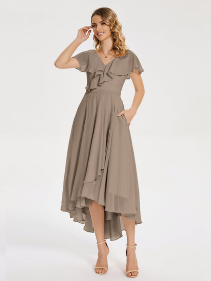 Gabriela Short Sleeves High Low Bridesmaid Dress with Pockets