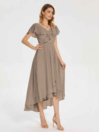 Gabriela Short Sleeves High Low Bridesmaid Dress with Pockets