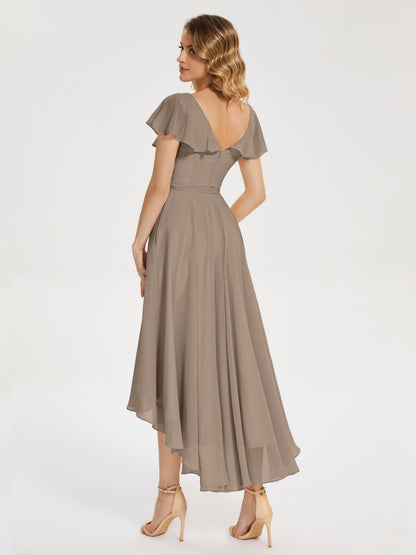 Gabriela Short Sleeves High Low Bridesmaid Dress with Pockets
