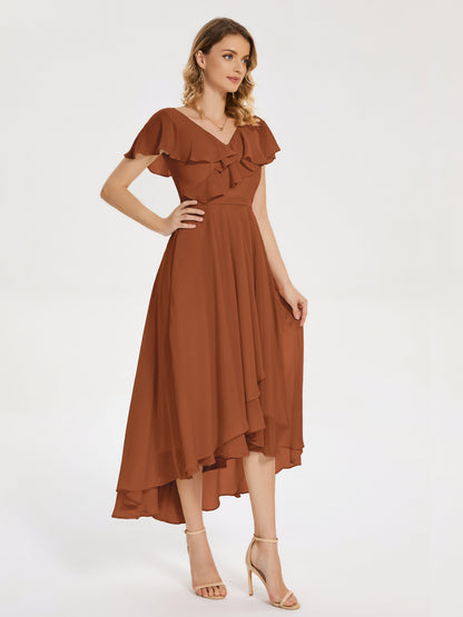 Gabriela Short Sleeves High Low Bridesmaid Dress with Pockets