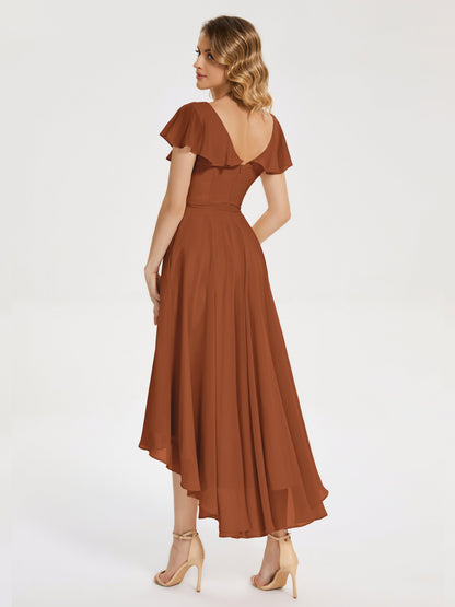 Gabriela Short Sleeves High Low Bridesmaid Dress with Pockets