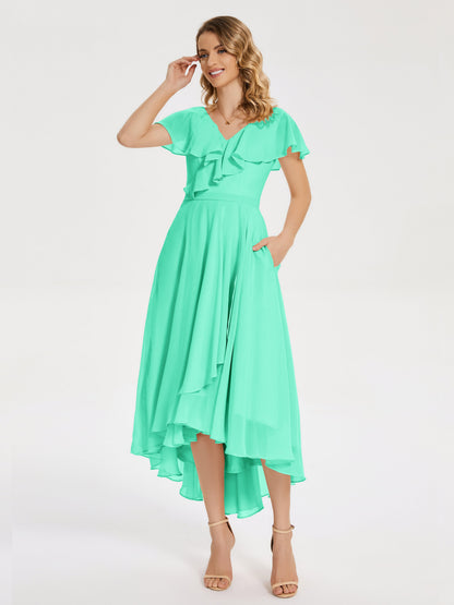 Gabriela Short Sleeves High Low Bridesmaid Dress with Pockets