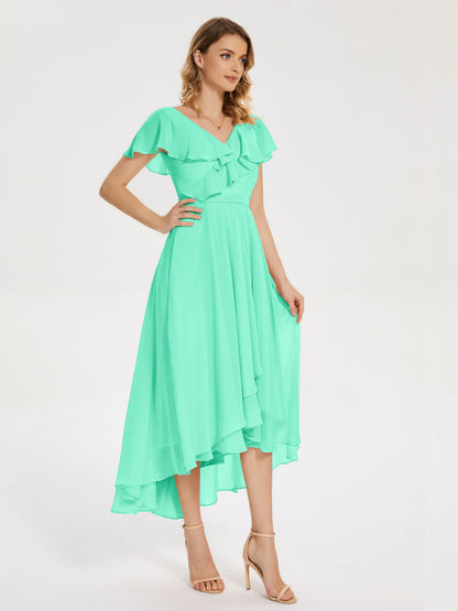 Gabriela Short Sleeves High Low Bridesmaid Dress with Pockets