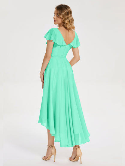 Gabriela Short Sleeves High Low Bridesmaid Dress with Pockets