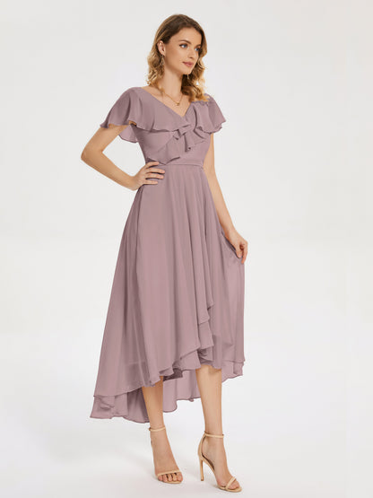 Gabriela Short Sleeves High Low Bridesmaid Dress with Pockets