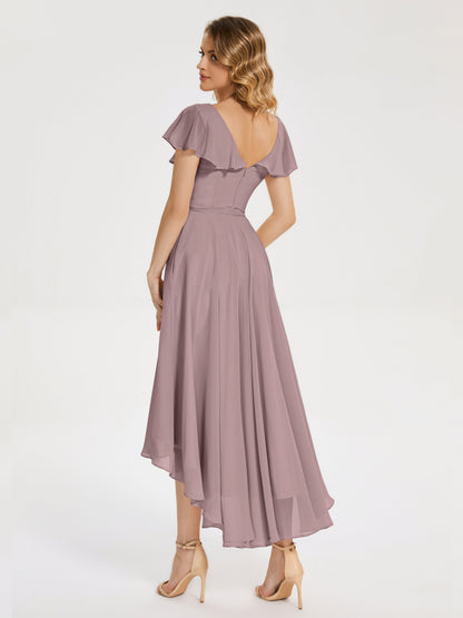 Gabriela Short Sleeves High Low Bridesmaid Dress with Pockets