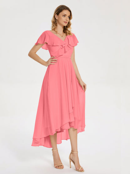 Gabriela Short Sleeves High Low Bridesmaid Dress with Pockets