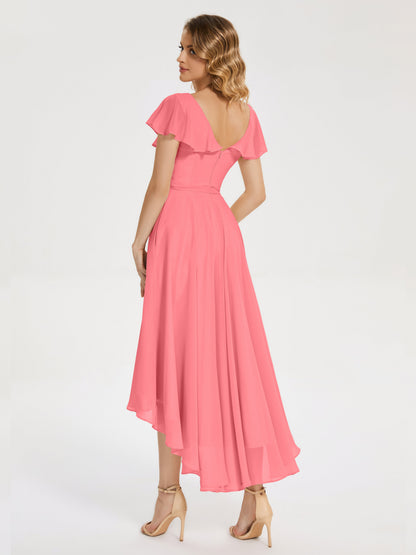 Gabriela Short Sleeves High Low Bridesmaid Dress with Pockets