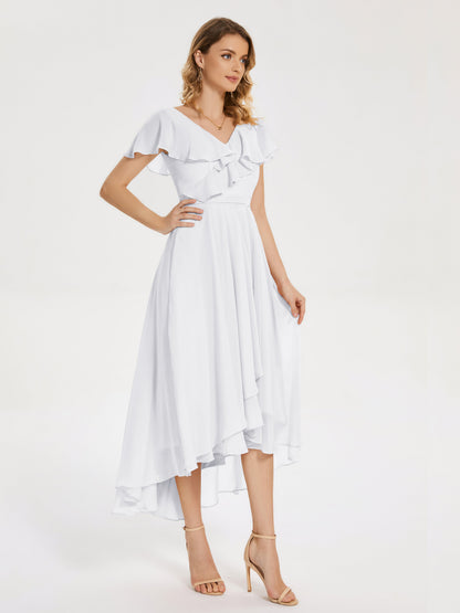 Gabriela Short Sleeves High Low Bridesmaid Dress with Pockets