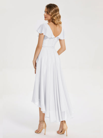 Gabriela Short Sleeves High Low Bridesmaid Dress with Pockets