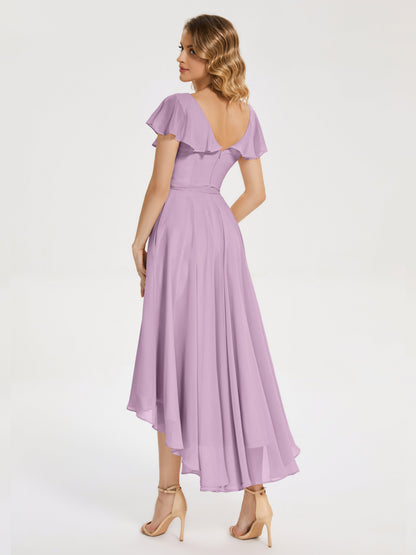 Gabriela Short Sleeves High Low Bridesmaid Dress with Pockets