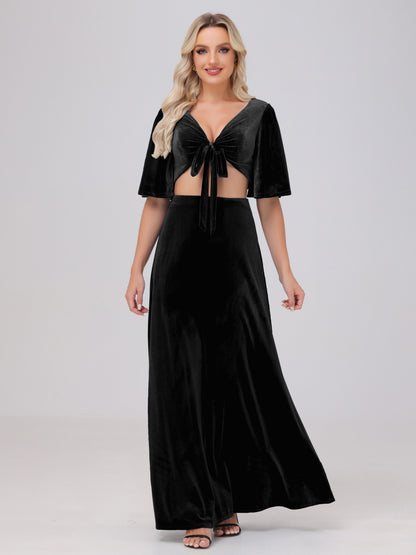 Short Sleeves Chest Tie A-line Velvet Bridesmaid Dresses