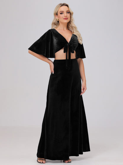 Short Sleeves Chest Tie A-line Velvet Bridesmaid Dresses