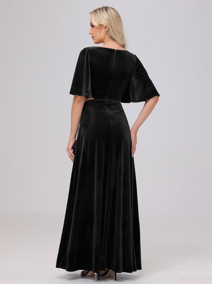 Short Sleeves Chest Tie A-line Velvet Bridesmaid Dresses