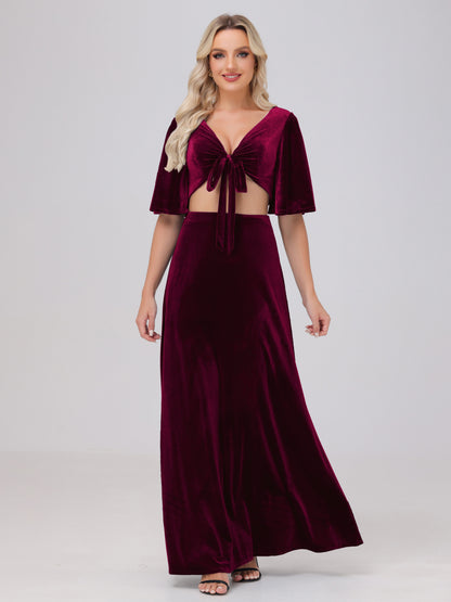 Short Sleeves Chest Tie A-line Velvet Bridesmaid Dresses