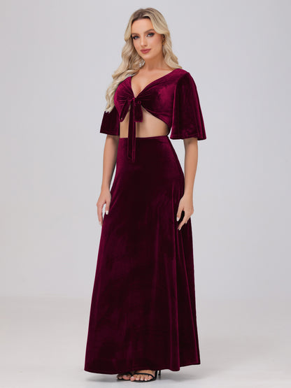 Short Sleeves Chest Tie A-line Velvet Bridesmaid Dresses