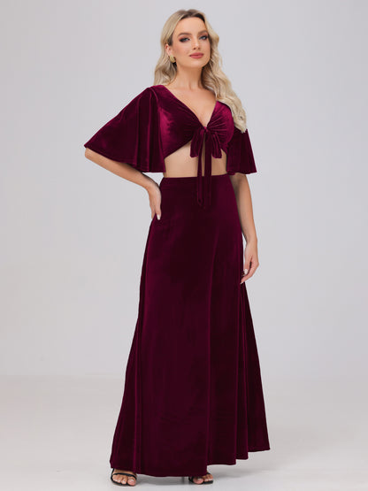 Short Sleeves Chest Tie A-line Velvet Bridesmaid Dresses