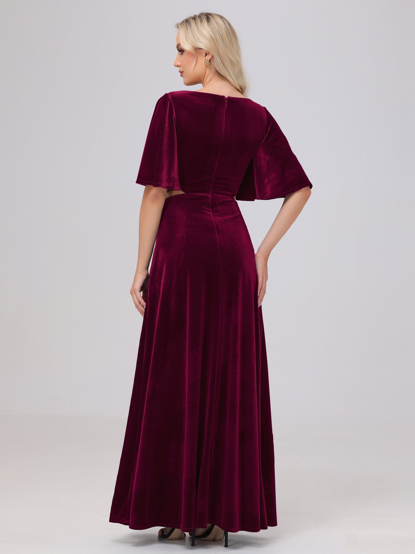 Short Sleeves Chest Tie A-line Velvet Bridesmaid Dresses