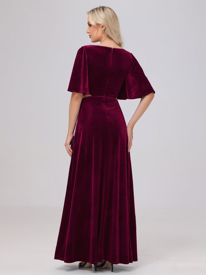 Short Sleeves Chest Tie A-line Velvet Bridesmaid Dresses