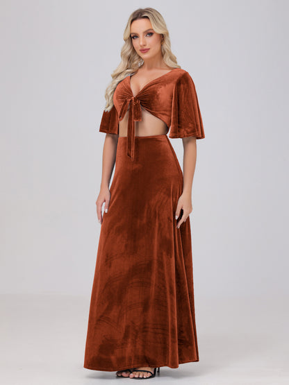Short Sleeves Chest Tie A-line Velvet Bridesmaid Dresses