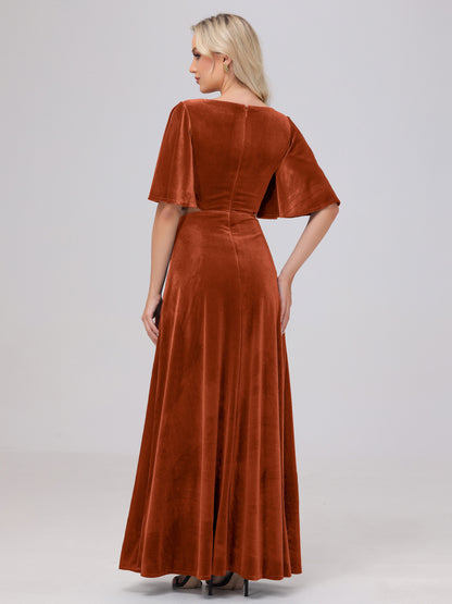Short Sleeves Chest Tie A-line Velvet Bridesmaid Dresses