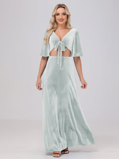 Short Sleeves Chest Tie A-line Velvet Bridesmaid Dresses