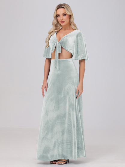 Short Sleeves Chest Tie A-line Velvet Bridesmaid Dresses