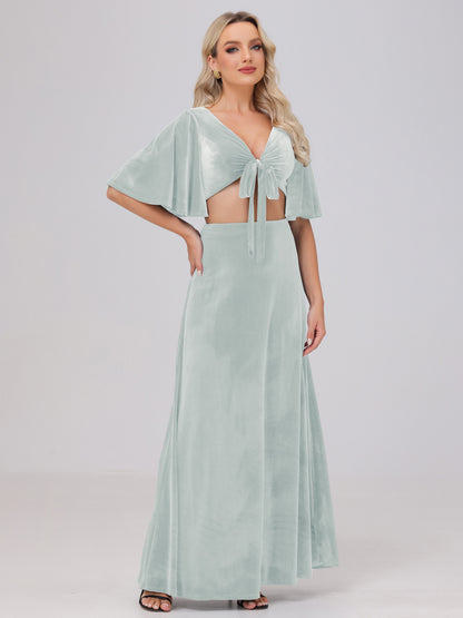 Short Sleeves Chest Tie A-line Velvet Bridesmaid Dresses