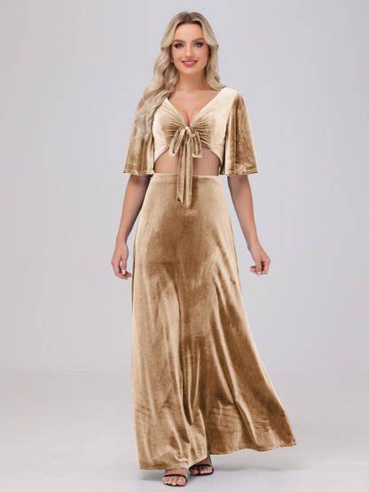 Short Sleeves Chest Tie A-line Velvet Bridesmaid Dresses