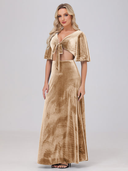 Short Sleeves Chest Tie A-line Velvet Bridesmaid Dresses