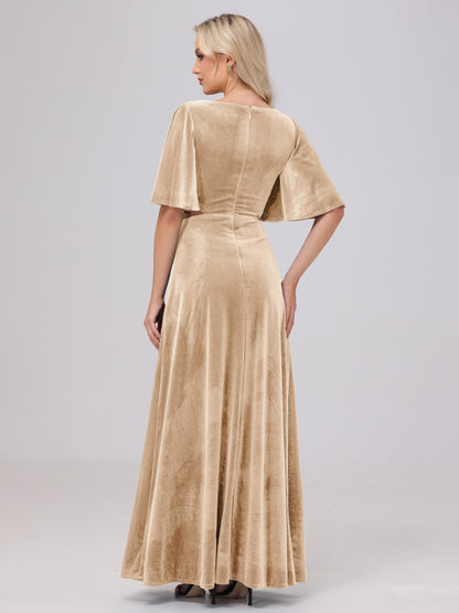 Short Sleeves Chest Tie A-line Velvet Bridesmaid Dresses