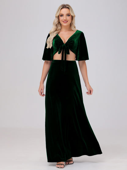 Short Sleeves Chest Tie A-line Velvet Bridesmaid Dresses