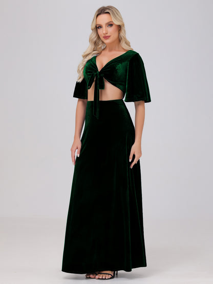 Short Sleeves Chest Tie A-line Velvet Bridesmaid Dresses