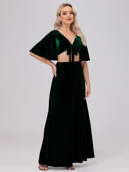 Short Sleeves Chest Tie A-line Velvet Bridesmaid Dresses