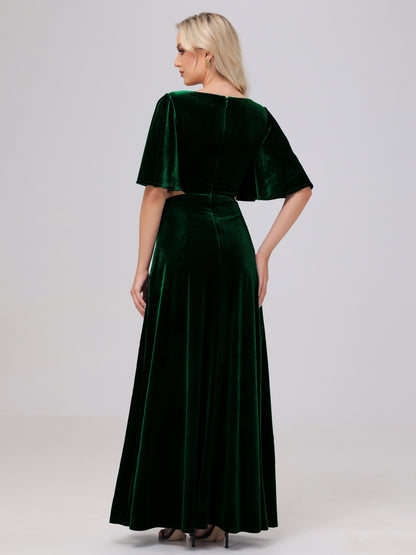 Short Sleeves Chest Tie A-line Velvet Bridesmaid Dresses