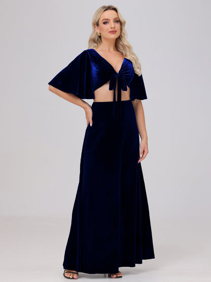 Short Sleeves Chest Tie A-line Velvet Bridesmaid Dresses