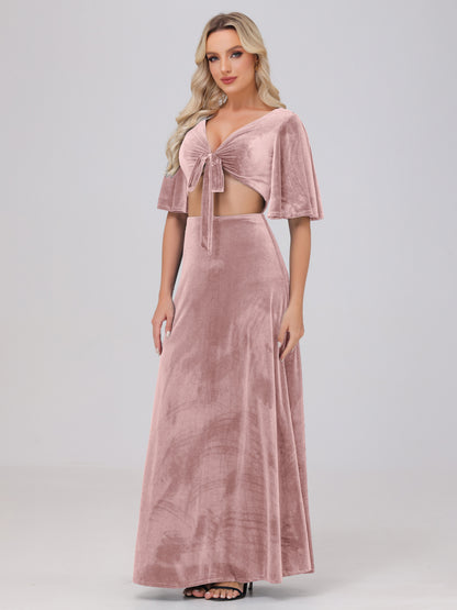 Short Sleeves Chest Tie A-line Velvet Bridesmaid Dresses