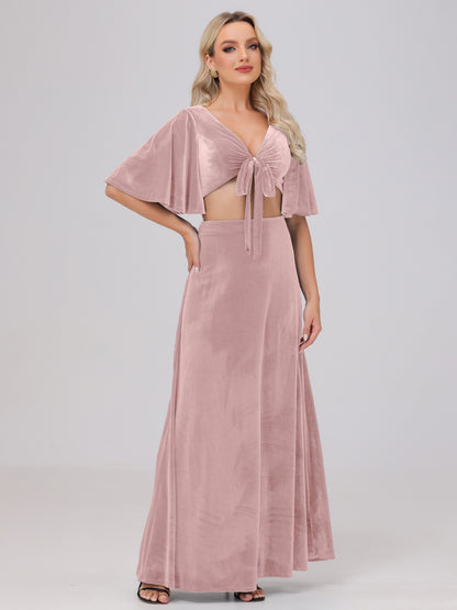 Short Sleeves Chest Tie A-line Velvet Bridesmaid Dresses