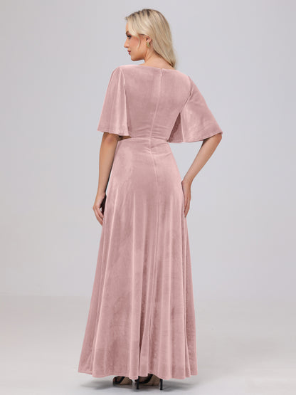 Short Sleeves Chest Tie A-line Velvet Bridesmaid Dresses