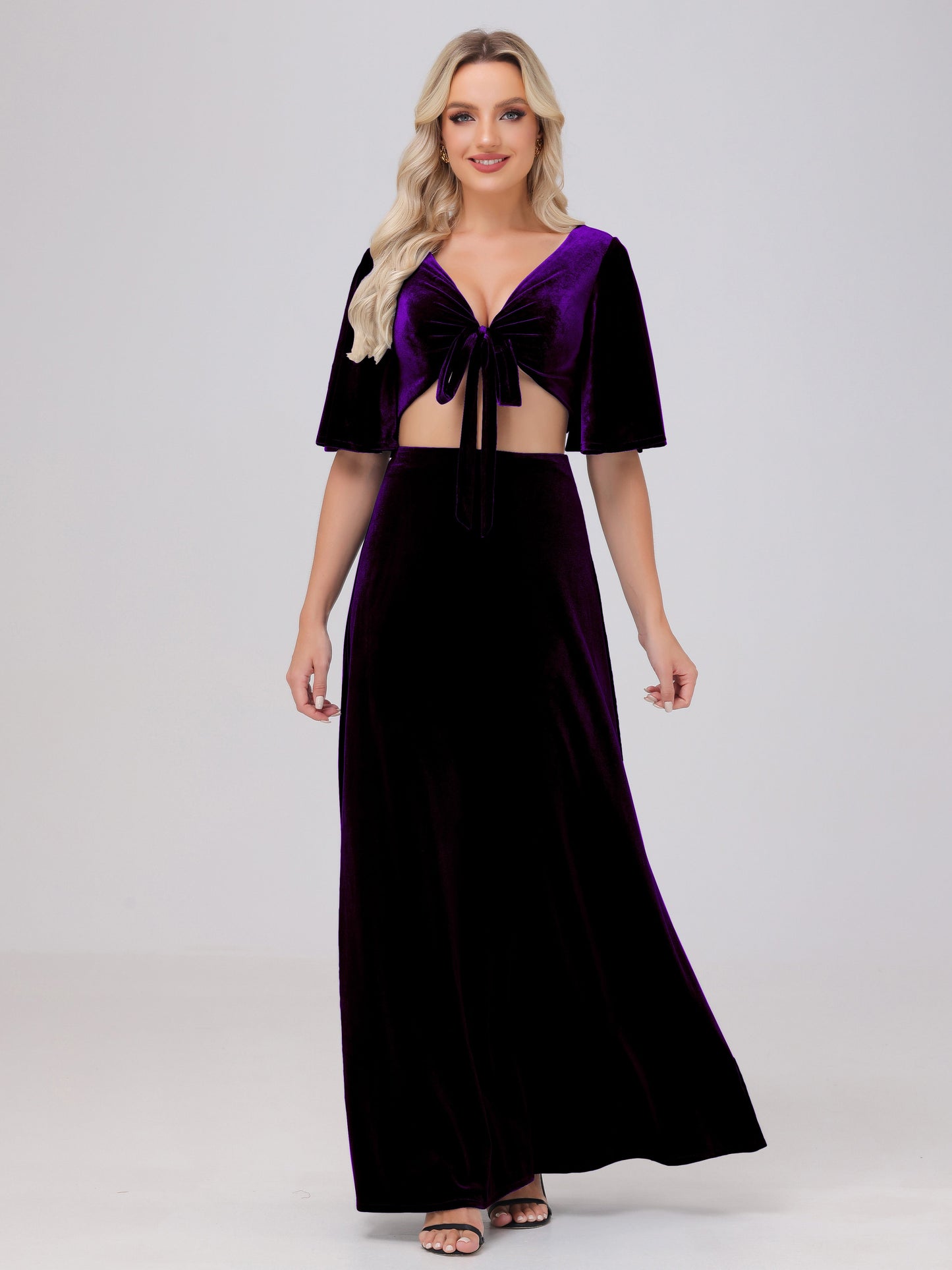 Short Sleeves Chest Tie A-line Velvet Bridesmaid Dresses