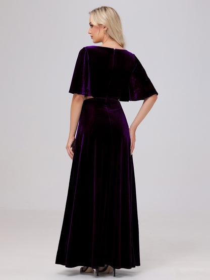 Short Sleeves Chest Tie A-line Velvet Bridesmaid Dresses