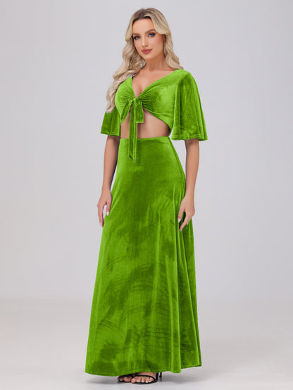 Short Sleeves Chest Tie A-line Velvet Bridesmaid Dresses