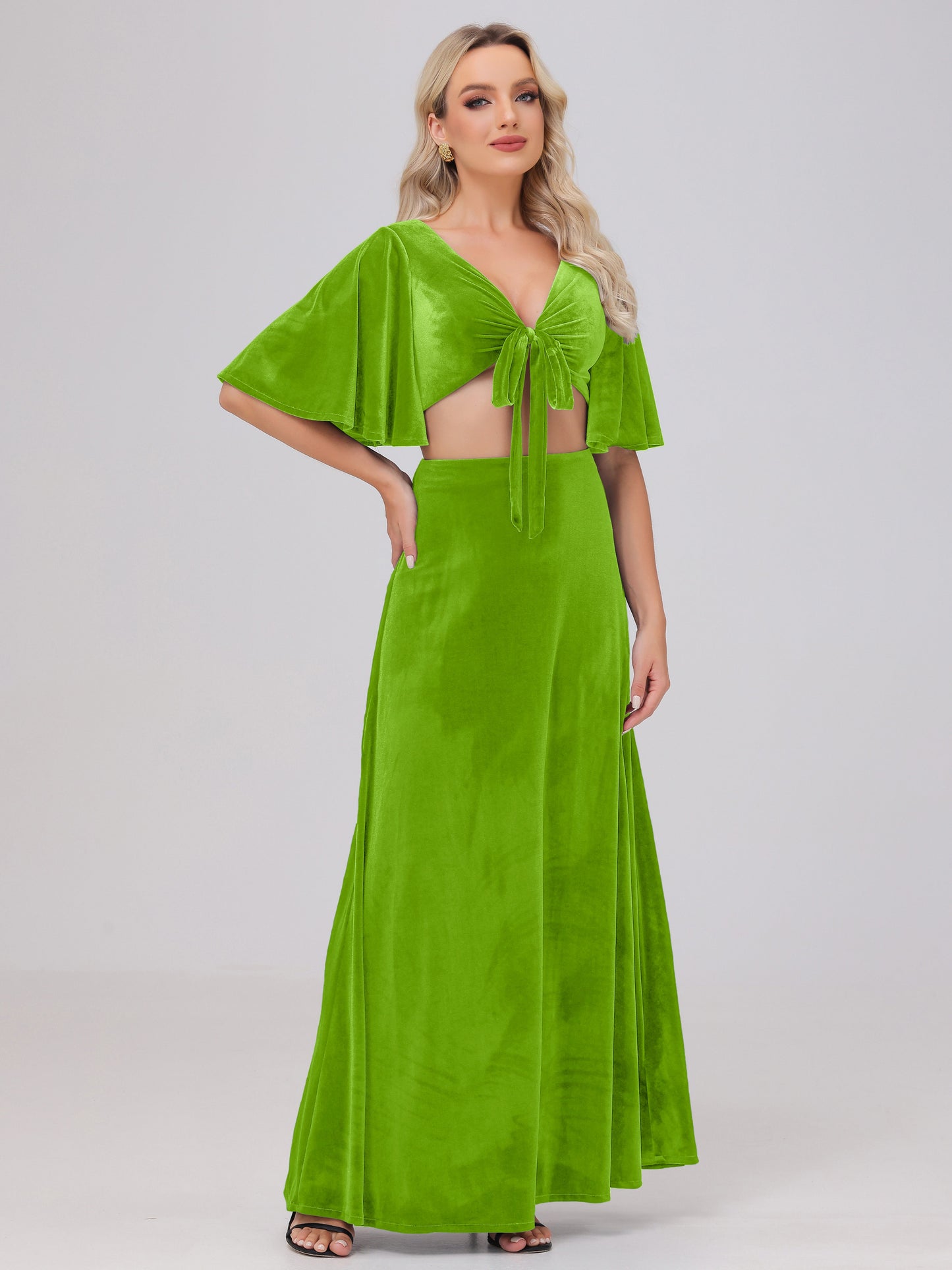Short Sleeves Chest Tie A-line Velvet Bridesmaid Dresses