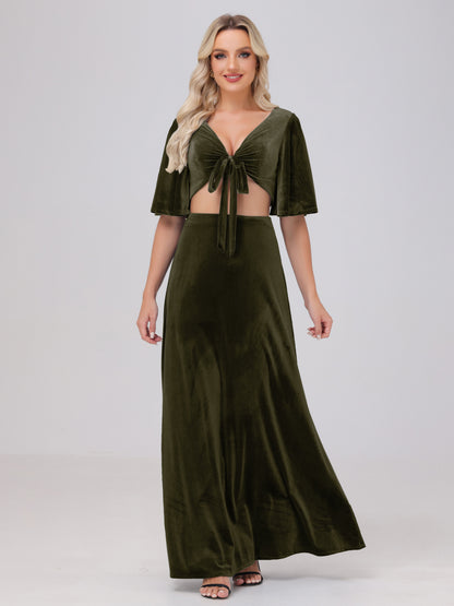 Short Sleeves Chest Tie A-line Velvet Bridesmaid Dresses